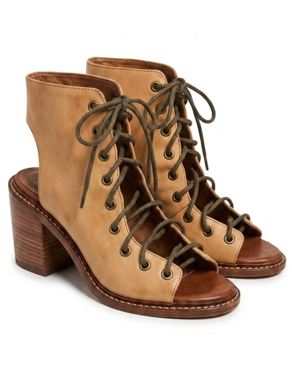 Jeffrey Campbell x Free People Tan Leather Lace Up Peep Toe Booties 6.5 Boho